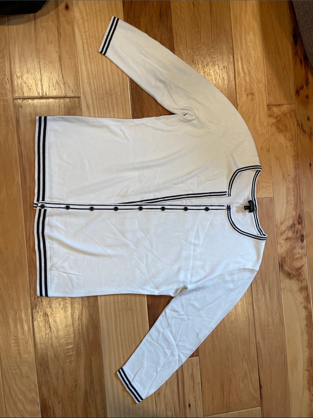 Talbots White Cardigan with Navy Stripe Trim